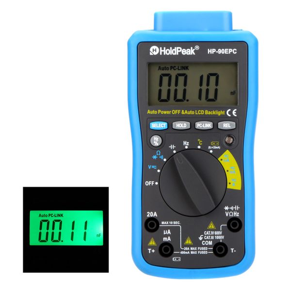 Freeshipping Auto Range Multímetro digital DMM Cap.HZ Medidor de temperatura Probador de batería con USB PC-Link Retroiluminación LCD automática