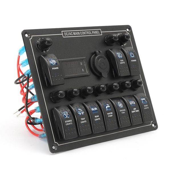 Relés automáticos 12-24V 10 Gang Boat Marine Blue LED Rocker Switch Panel Disyuntor Voltímetro