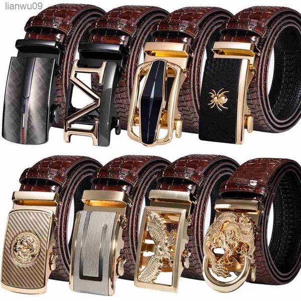 Hebillas automáticas Cinturones para hombre Rojo Borgoña Cuero Hombres Cinturón Trinquete Tigre Lobo Águila Murciélago Oro Negro Cintura Correas Traje Boda L230704