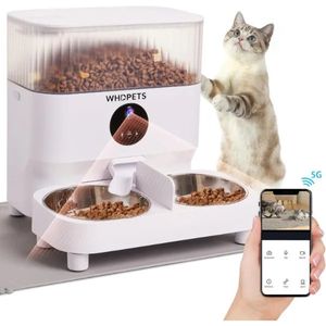 Comederos automáticos para gatos WHDPETS 5G WiFi Dispensador de comida para gatos con cámara 1080P para 2 gatos Perros Alimentador para mascotas de 5L con tapete de alimentación 240328