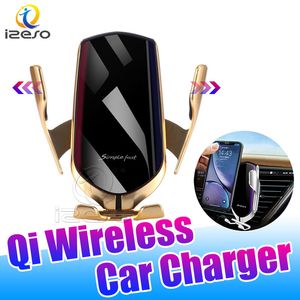 Cargador inalámbrico para coche con abrazadera automática R2, cargador de teléfono con sensor infrarrojo Qi de montaje de carga rápida de 10W con paquete minorista izeso