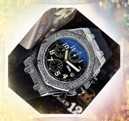 Automatische datum Iced Out Men Six Stiches Watch Stopwatch volledige diamanten ring kwarts batterijlijn skelet kalender kalender rubber stalen band klok horloges geschenken