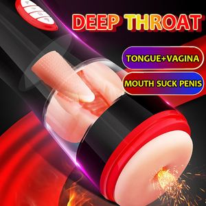 Automatische dubbele tong / vagina telescopische stem vibratie vliegtuigen cup diepe keel zuigen penis massage mannelijke masturbator cup 201212
