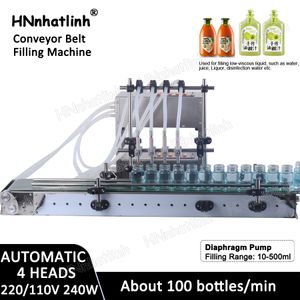 Automatische vulmachine T200A 4 koppen diafragma pompfles vloeistof met transportband voor kleine productielijn