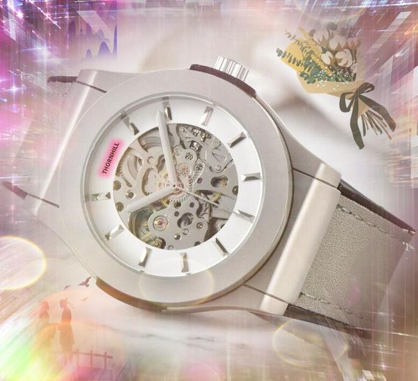 Relojes con movimiento mecánico automático Reloj de acero inoxidable Calendario resistente al agua DAYDATE Presidente Esfera esqueleto hueca Reloj con hebilla de cuero de color negro y gris
