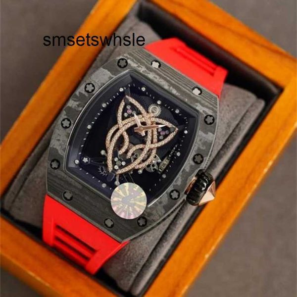 Montres mécaniques automatiques, dessus en caoutchouc, carbone rouge, bracelet à enroulement squelette, Fiber limitée avec étui