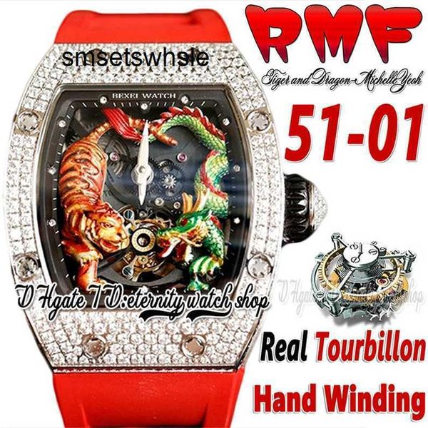 Montres mécaniques automatiques, cadran supérieur, remontage du tigre, véritable dragon peint, boîtier à main, bracelet en caoutchouc rouge, Super édition 2022