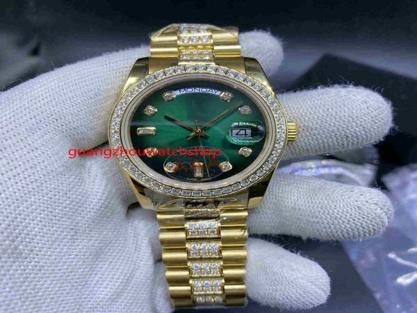 Mentiers automatiques Regardez la lunette de pierres en or 36 mm et les diamants au milieu du bracelet Visage vert de haute qualité montres1421804