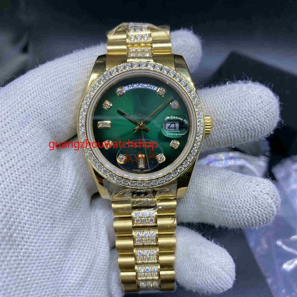 Montre homme automatique 36mm boîtier en or pierres lunette et diamants au milieu du bracelet visage vert montres-bracelets de haute qualité237Q