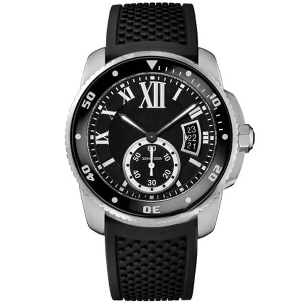 Reloj automático para hombre CALIBRE DE Serie W7100055 Esfera negra Marcadores romanos blancos Reloj Correa de caucho Movimiento automático Fecha 42MM Relojes de pulsera para hombre de gran tamaño