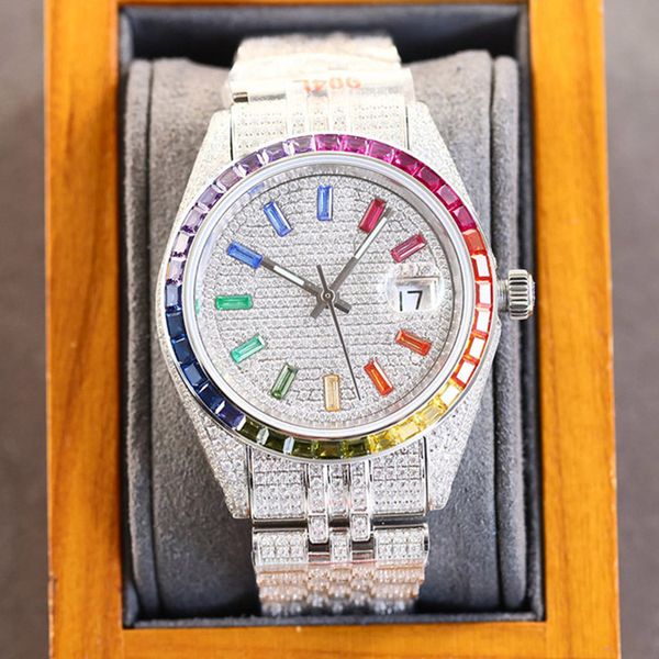 Montres mouvement automático reloj de diamantes relojes de oro con caja Relojes 41 mm Acero inoxidable Bisel circular del arco iris Reloj de moissanita plateado luminoso montre de luxe