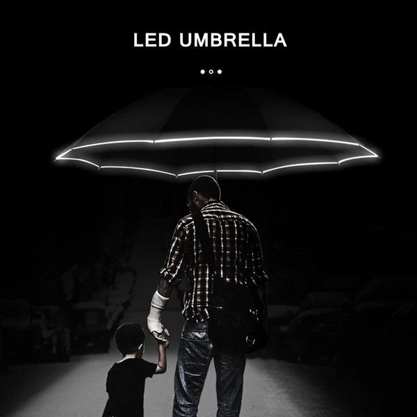 Parapluie inversé automatique LED Lumineux Coupe-vent 3 Pliant Business Forte Parapluie Pluie Hommes Voiture Haute Qualité 10K Parasol 210401