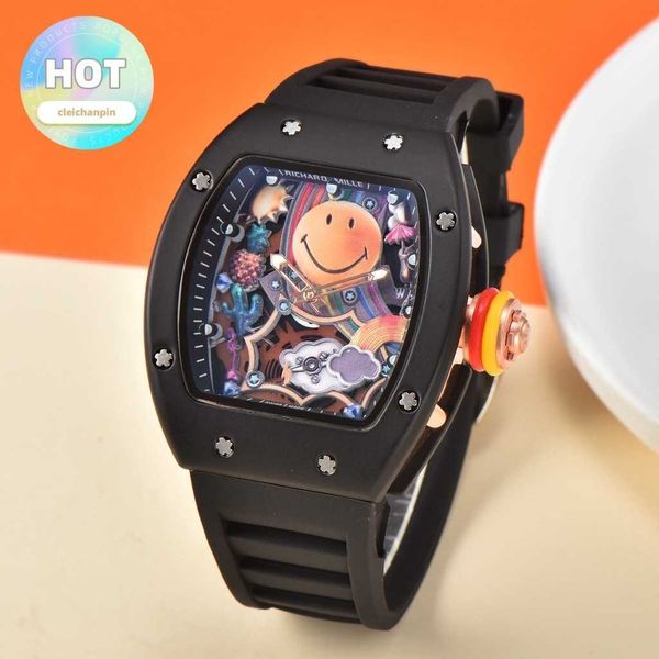 Montre-bracelet automatique RM montres mécaniques pour hommes classique baril Tonneau horloge mâle RM 88 Smiley bracelet en caoutchouc montre-bracelet en céramique mode montre pour hommes 43MM