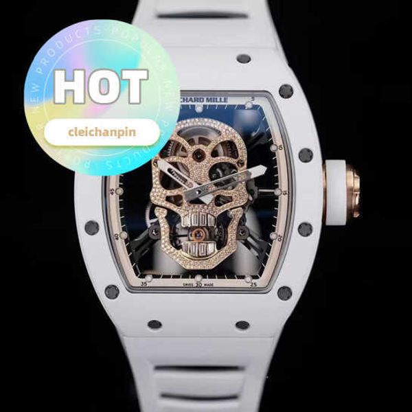 Reloj de pulsera automático RM Rm52-01 cabeza de calavera blanco cerámica Manual mecánico movimiento hueco completo reloj para hombre