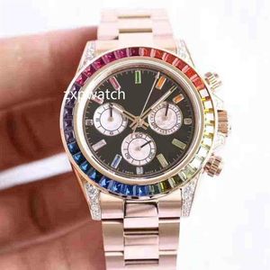 Reloj automático de arcoíris de oro rosa, funciona completamente, sin función de cronógrafo, bisel de diamantes baguette, reloj de pulsera para hombre de 40MM de alta calidad 270U