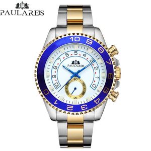 Automatique Self Mécanique Sangle en acier inoxydable Casual Jaune Gold Argent Blue Bezel Master Business Hommes Montre Q0902