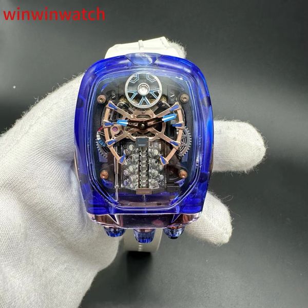 Boîtier bleu Transparent automatique, cadran squelette 44x55mm, bracelet en caoutchouc blanc