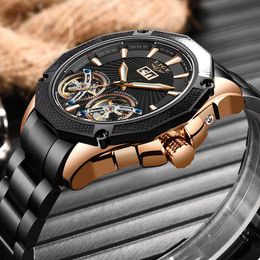 Automatique Montre Hommes Lige-Noir Classique Mécanique Mécanique Montres Top Brand Mode de luxe Double Horloge imperméable 210527