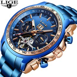 Montre automatique hommes LIGE Top marque de luxe hommes montres mécaniques pour hommes tout acier étanche horloge + boîte 210527