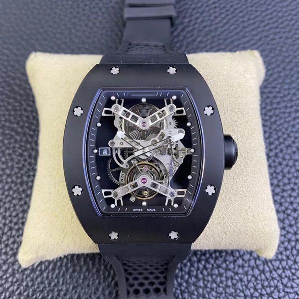 Montre automatique Richrd Miles RM027 Mouvement tourbillon 43 de long 50 de large Boîtier en titane de qualité Bracelet en caoutchouc Film de graphite plaqué sans hydrogène OQ0A