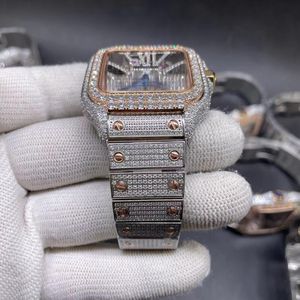 Relógio automático esqueleto tom diamantes mostrador transparente masculino novo ouro rosa gelado com caixa de aço inoxidável prateado relógios movimento de quartzo L