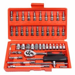 Autoreparatiesets Autogereedschap 46-delig 1/4-inch doppenset Ratelmomentsleutel Combo Gereedschapset Repareren Droplevering Automobiles Mo Dhzat