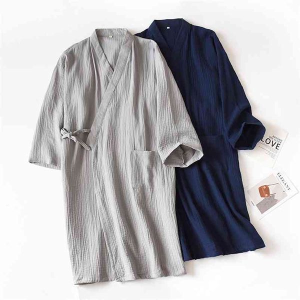Batas de crepé de algodón 100% de otoño para mujer, albornoz de Kimono japonés fino, medio Pijamas sólidos, Tops para dormir, bata holgada y suave 210901
