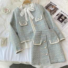 Autumn 2 stuks Set Elegant Fashion Vintage Plaid Tweed Jackets Long Sleeve Jacks Coat onregelmatige Aline Mini Skirts Femame Suit 240516