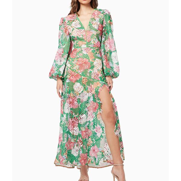 Otoño 2023 Vestido de diseñador Sexy V profundo Hueco Estampado de flores Mangas de linterna Temperamento Vestido de una línea Vestido largo