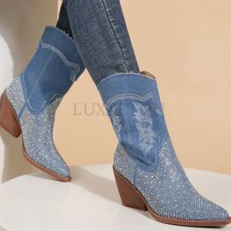 Automne 614 Cowboy Pointe Western Winter Toe Patchwork Rugestones Mid Chalf Comfy Walking broderie Boths Dames 240407 636