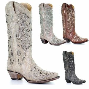 Autumn 7C51A Boots Women Winter Glitter Inlay en kristallen puntige teen retro dikke hiel westerse schoenen elegante witte knie 221017