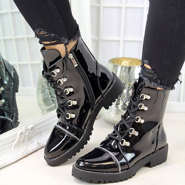 Automne 939 Motorcycle Fashion Patent PU Round Toe Lace-Up Combat Women Shoes Ladies Snow Office Boots Dropshipping 200916