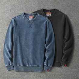 Automne américain rétro Denim tricoté sweats hommes Simple 100% coton lourd lavé vieux décontracté jeunesse pull vêtements de sport 240202