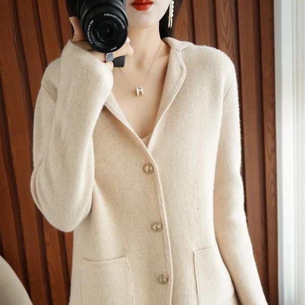 Automne et hiver 100 pure laine tricoté cardigan dames revers pull couleur unie à manches longues veste cachemire haut décontracté 231220