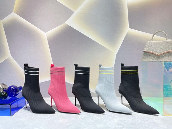 Automne et hiver 2022 Bottes tricot élastique talon haut talon court féminin pointu à orteil mince chaussures de chaussettes