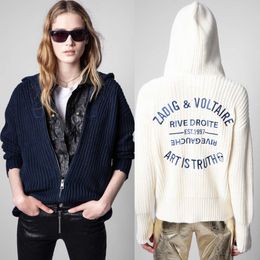 24SS Zadig Voltaire Camisetas de punto para mujer Cárdigan con capucha y bordado de letras clásicas de cachemira suelta con cremallera