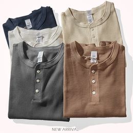 Automne et hiver américain rétro 260g gaufré tricoté col Henry t-shirt hommes mode à manches longues en vrac décontracté sommets 240318