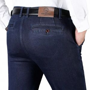 Otoño e invierno clásico de los hombres de cintura alta Busin Jeans azul oscuro elasticidad recta pantalones de mezclilla marca masculina pantalones gruesos D1Mq #