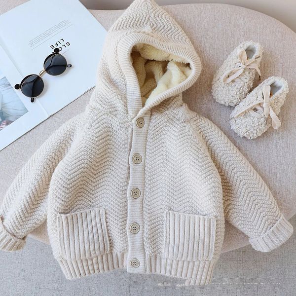 Ropa de otoño e invierno para niñas, cárdigan grueso con capucha y suéter de lana, abrigo con bolsillos, cárdigan para bebés y niños 231225