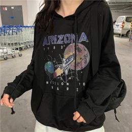 Herfst en winter katoen nostalgia oude planeet geprinte harajuku ruimteschip arizona ruimte print zwarte capuchon sweatshirt hoodie t200102