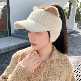 Sombrero lindo de otoño e invierno para niñas Moda cálida más forro polar de punto béisbol señora lengua de pato lana sombrero de copa vacío para mujeres coreanas de invierno