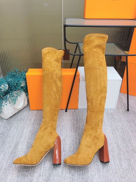 Otoño e Invierno calcetines elásticos hasta la rodilla botas zapatos de cuero de oveja de alta calidad material de espejo de tacón suela cálida tamaño 34-41