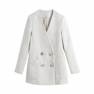 Herfst en Winter Mode Golden Button Textuur V-hals Double-Breasted Losse Temperament Dames Suit Jacket 210521