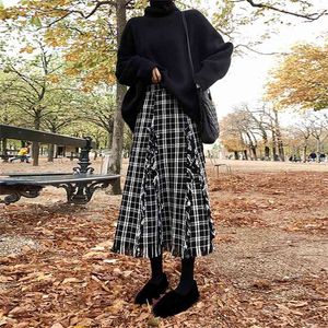 Herfst en Winter Fashion Rok Dames Wollen Mid-Length Hoge Taille Fineded Plaid Frans Retro Long 210520