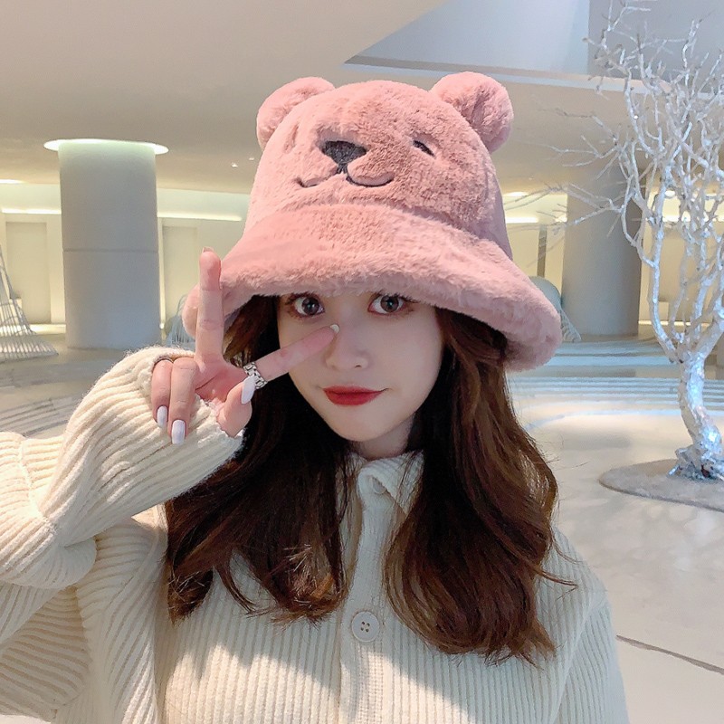 Autumn and Winter Fisherman Hat Female Bear Ears Ball Ball Furry Hat Korean version Söt mjuk varm och fluffig tjock potthatt