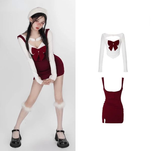 Automne et hiver doux vent doux robe fille bowknot white manches longues t-shirts rouges robe enveri