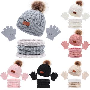 Herfst en winterhoeden sjaals handschoenen sets vaste kleuren breien kinderen hoed sjaalhandschoenen set pluche bal baby cap zachte huidvriendelijke warme mode