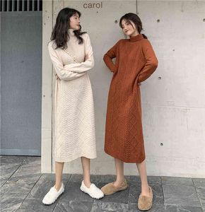 Automne et hiver col haut épais torsion à manches longues pull décontracté tricoté robe de tempérament femmes 210514