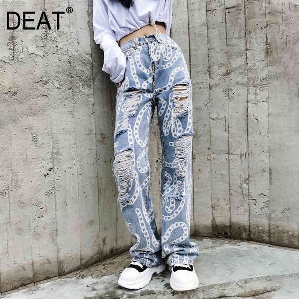 Automne et hiver taille haute évider chaîne imprimé pleine longueur denim pantalon femme jeans vintage rue WO11205L 210421