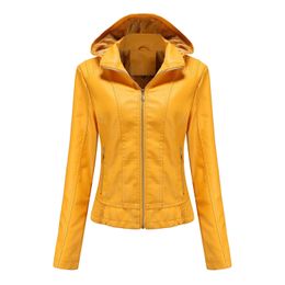 Herfst en winter leren jas met capuchon Afneembare hoed voor dames Rits Lange mouwen Fluweel Warm PU-leer Slanke jas S-3XL 240126